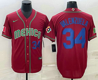 Mens Mexico Baseball #34 Fernando Valenzuela Number 2023 Red Blue World Baseball Classic Stitched Jerseys
